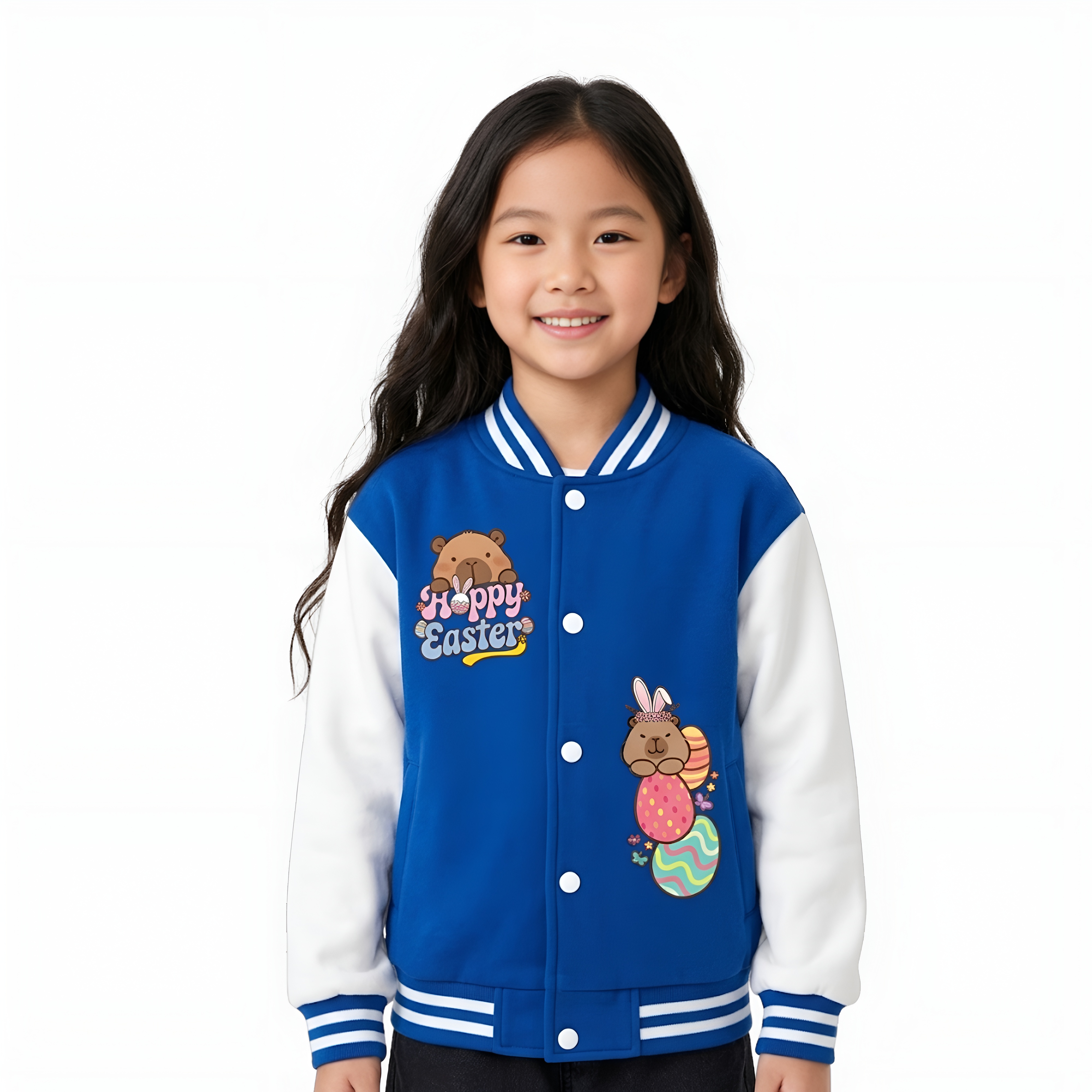 Capybara Inspired Baseball Jacket With Happy Easter Printed For Girls