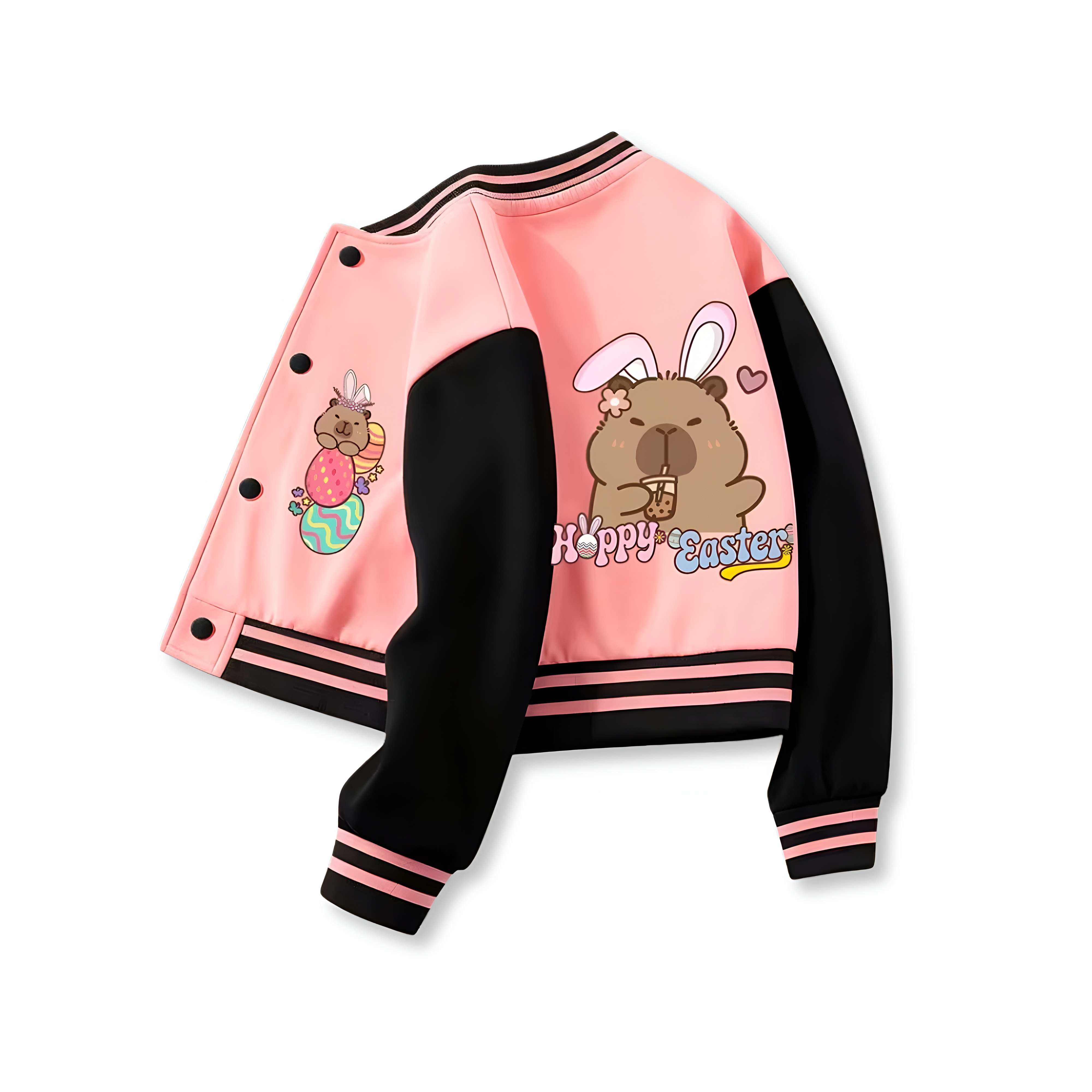 Capybara Inspired Baseball Jacket With Happy Easter Printed For Girls