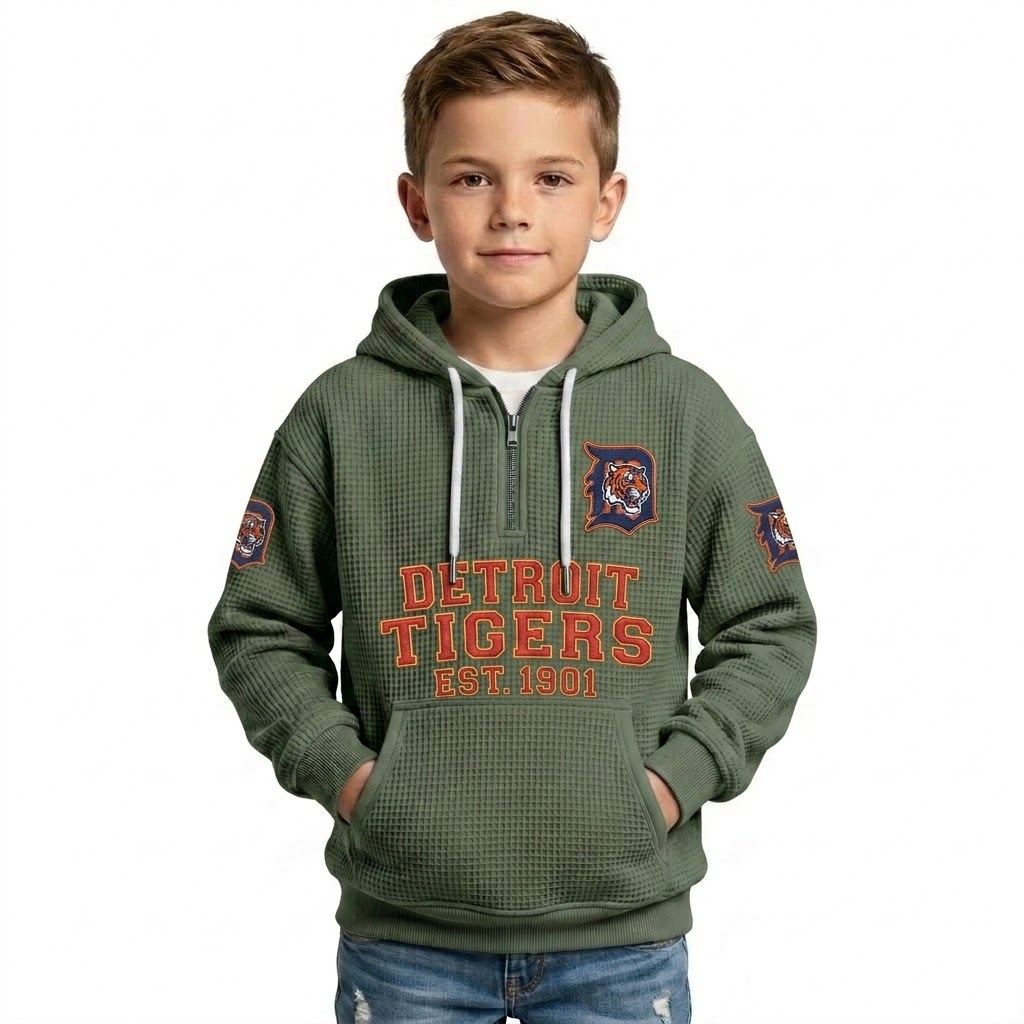 Detroit Tigers EST 1901 Printed Waffle Quarter Zip Baseball Fan Hoodie For Kids