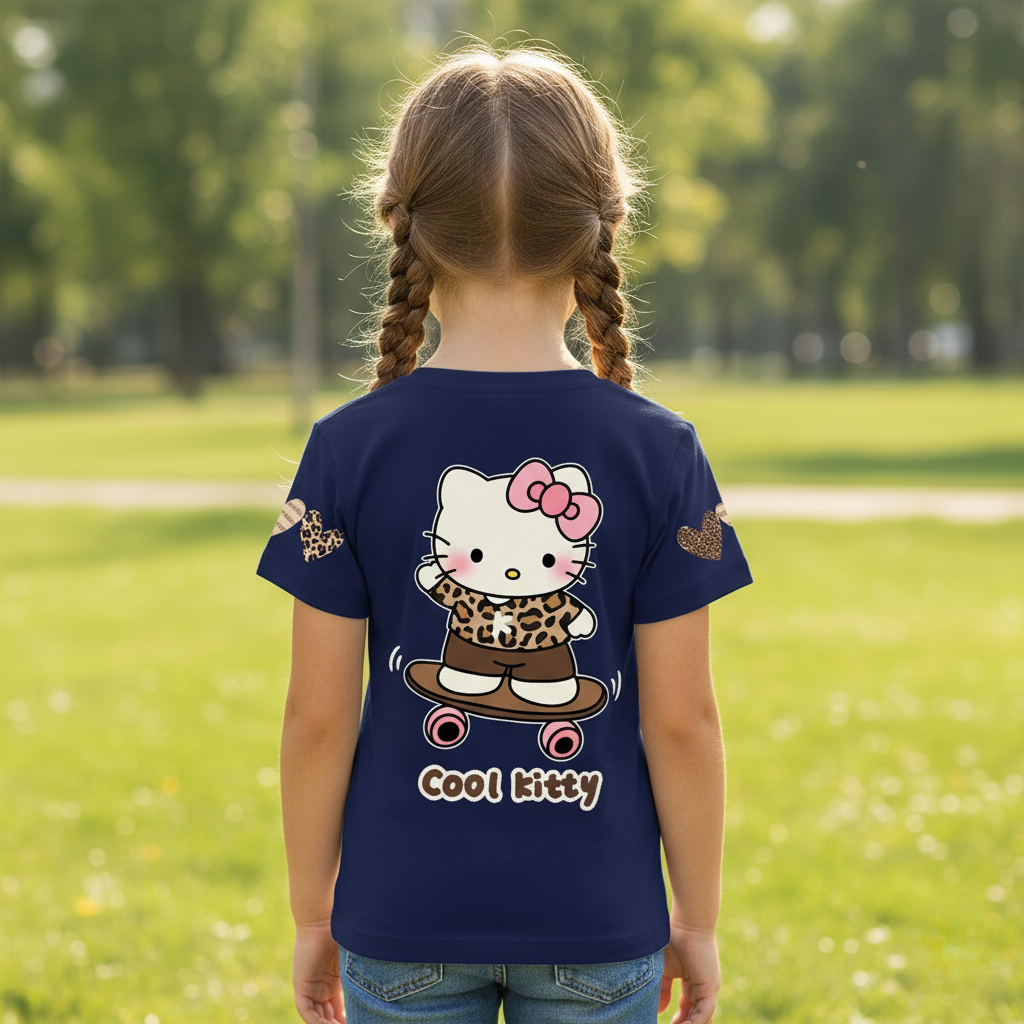 Short Sleeve T Shirt With Double Sided Leopard Print Hello Kitty For Girls