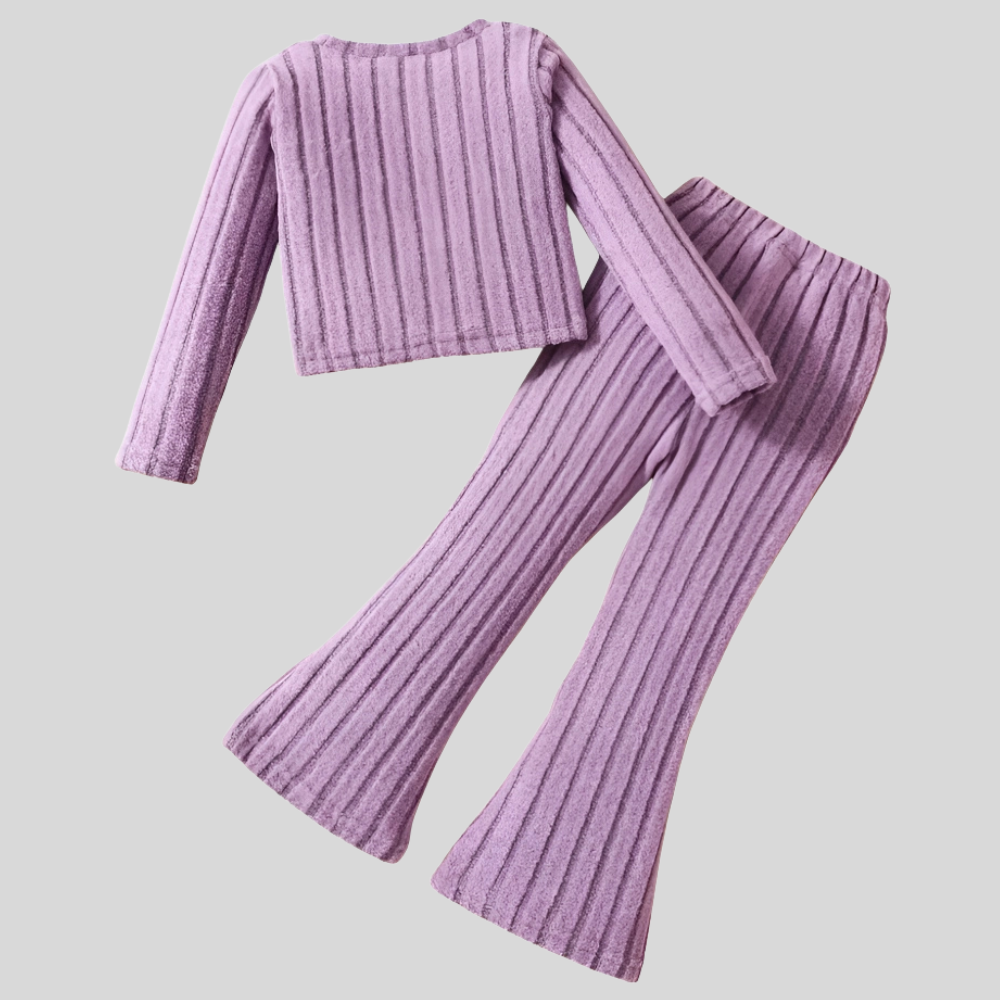 Long Sleeve Ribbed Pullover Top With Flare Pants Set For Girls