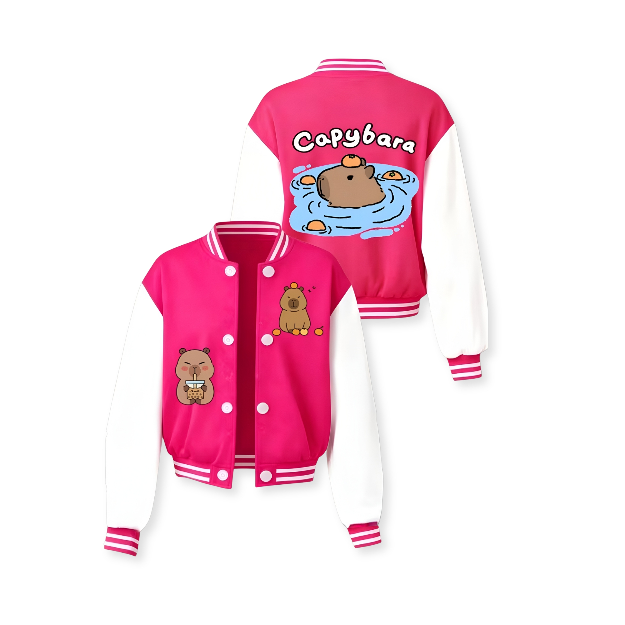 Capybara Family Print Baseball Jacket With Snap Closure And Casual Style For Girls
