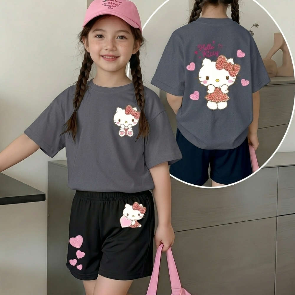 Hello Kitty Double Sided Print T Shirt And Shorts 2 Piece Outfit Set For Girls
