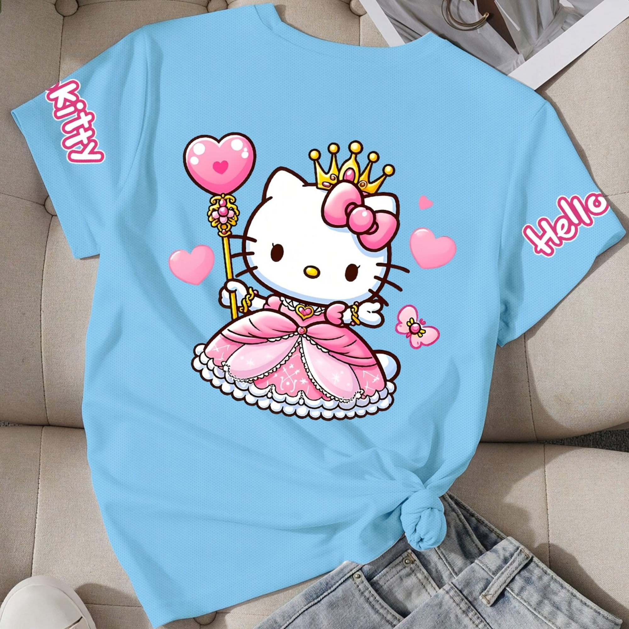 Casual Short Sleeved T Shirt With Hello Kitty Printed For Girls 