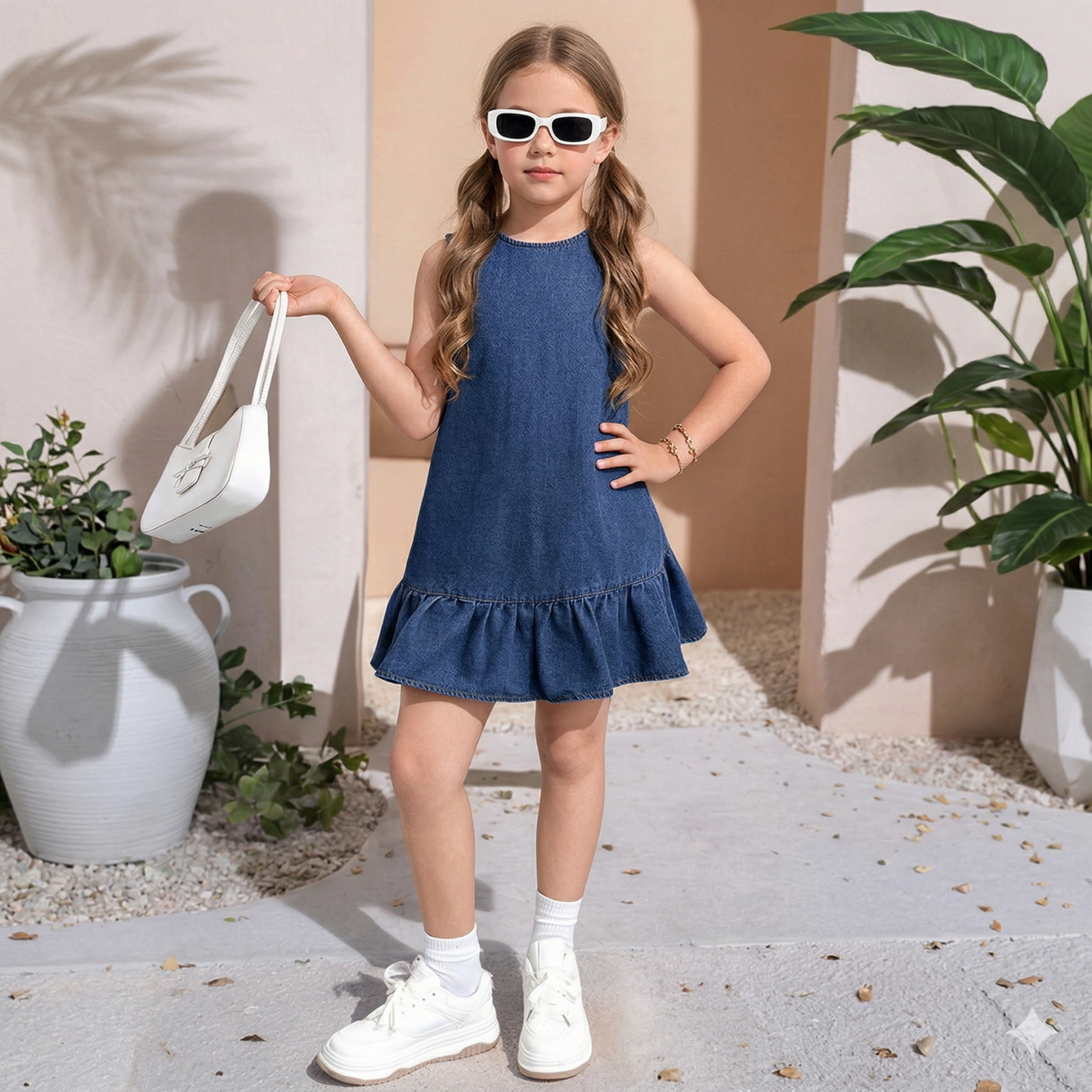 Sleeveless Denim Dress With Button Detail And Ruffle Hem Style For Girls