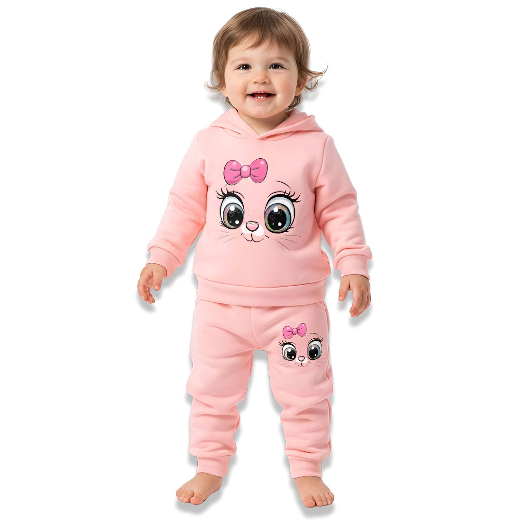 Girls Cartoon Print Hooded Long Sleeve Fleece Sweatshirt Casual Two Piece Set