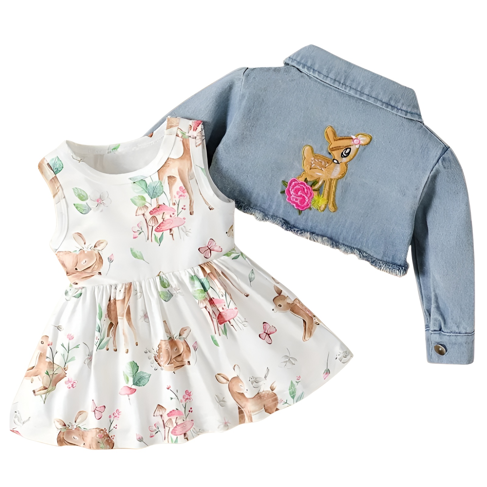 Girl Cartoon Print Vest Dress with and Short Denim Top Two Piece Set