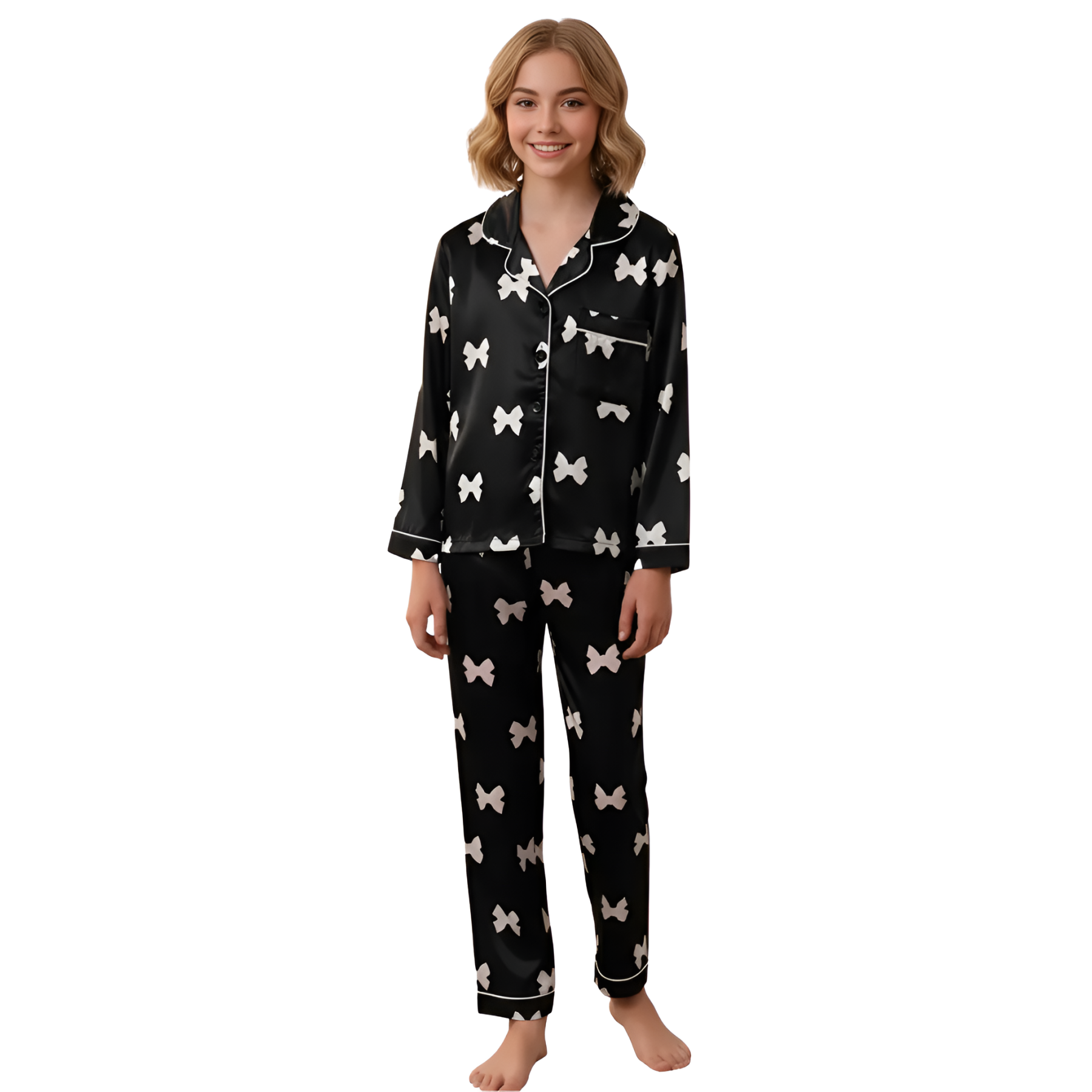 Long Sleeve Bowknot Print Pajama Set With Collar And Pants