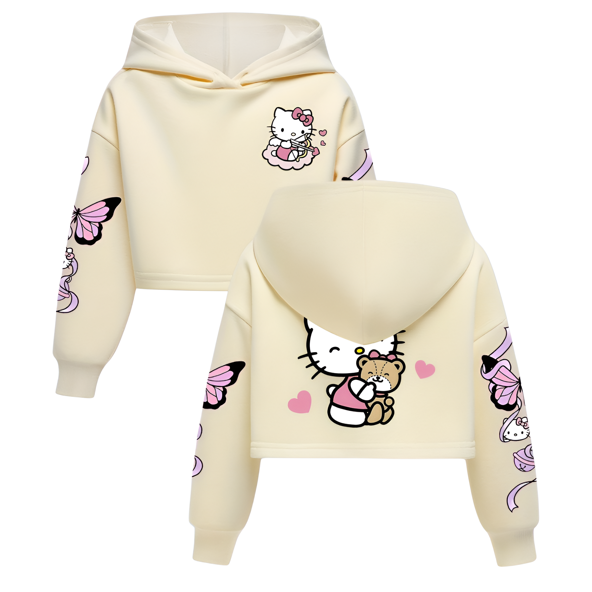 Hello Kitty Cartoon Print Hooded Sweatshirt For Girls Winter Wear