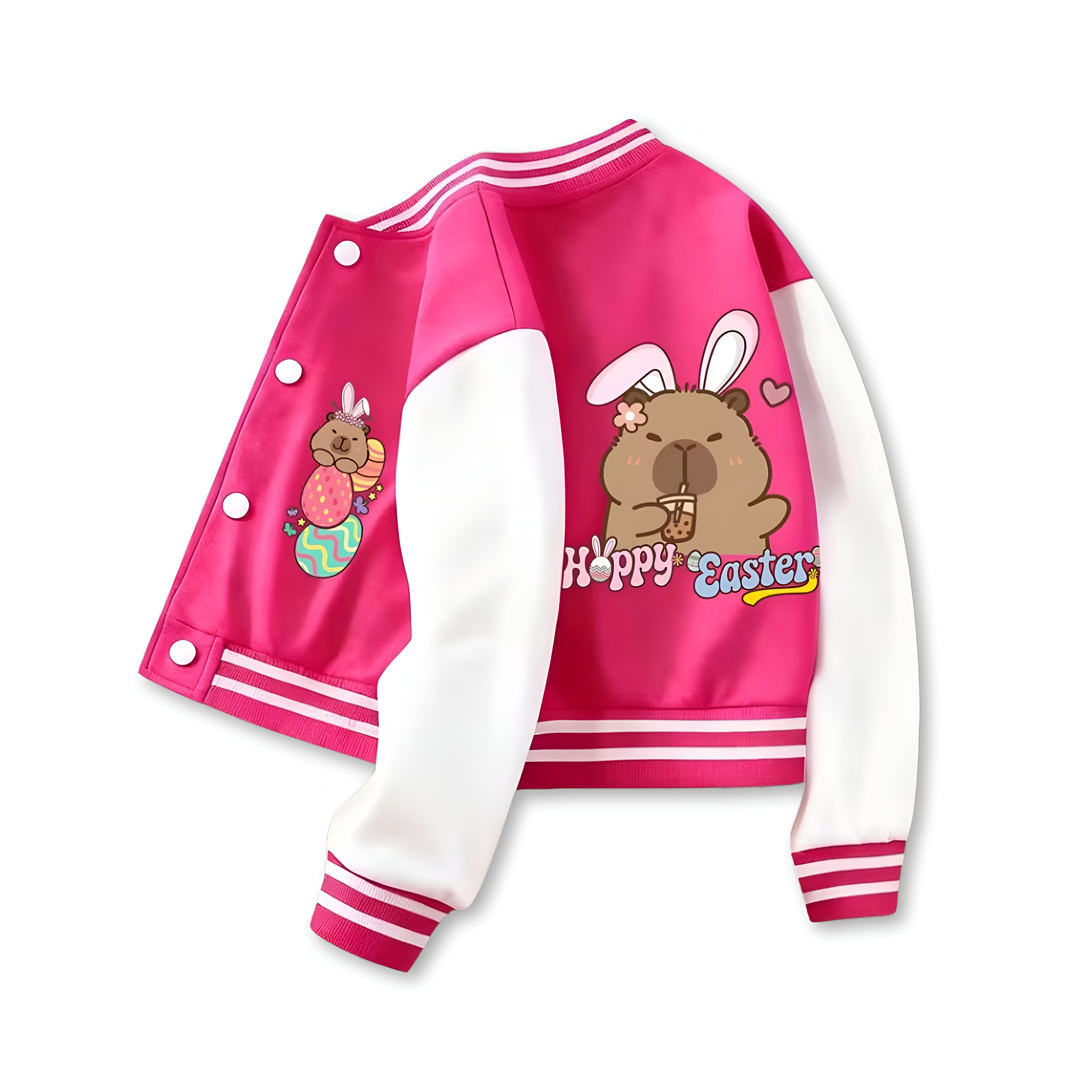 Capybara Inspired Baseball Jacket With Happy Easter Printed For Girls