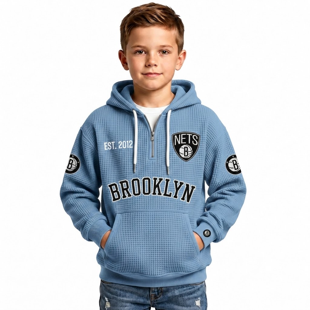 Brooklyn Nets EST 1967 Printed Waffle Quarter Zip Basketball Fan Hoodie For Kids