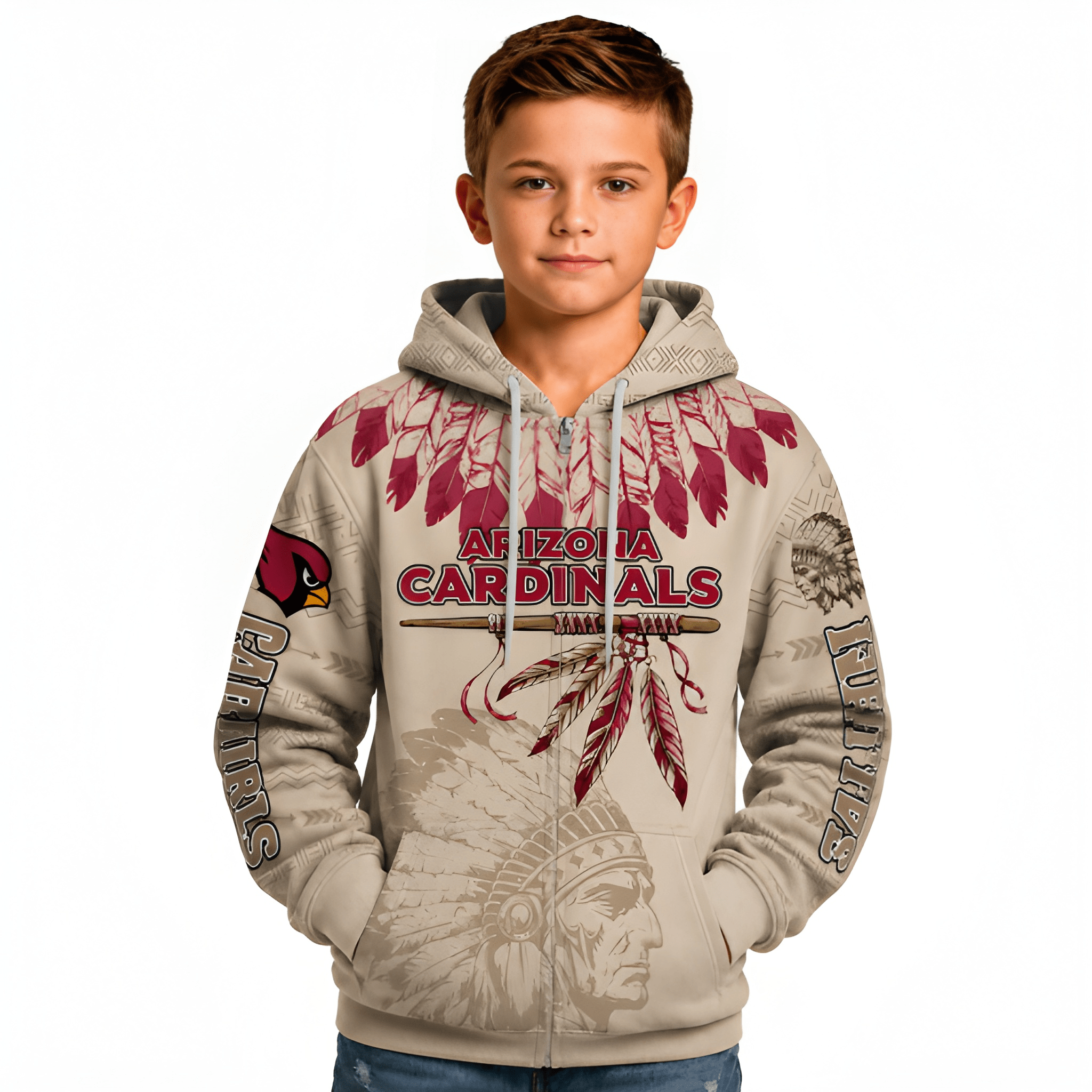 Personalized Native Heritage Themed Arizona Cardinals Football Fan Hoodie For Kids