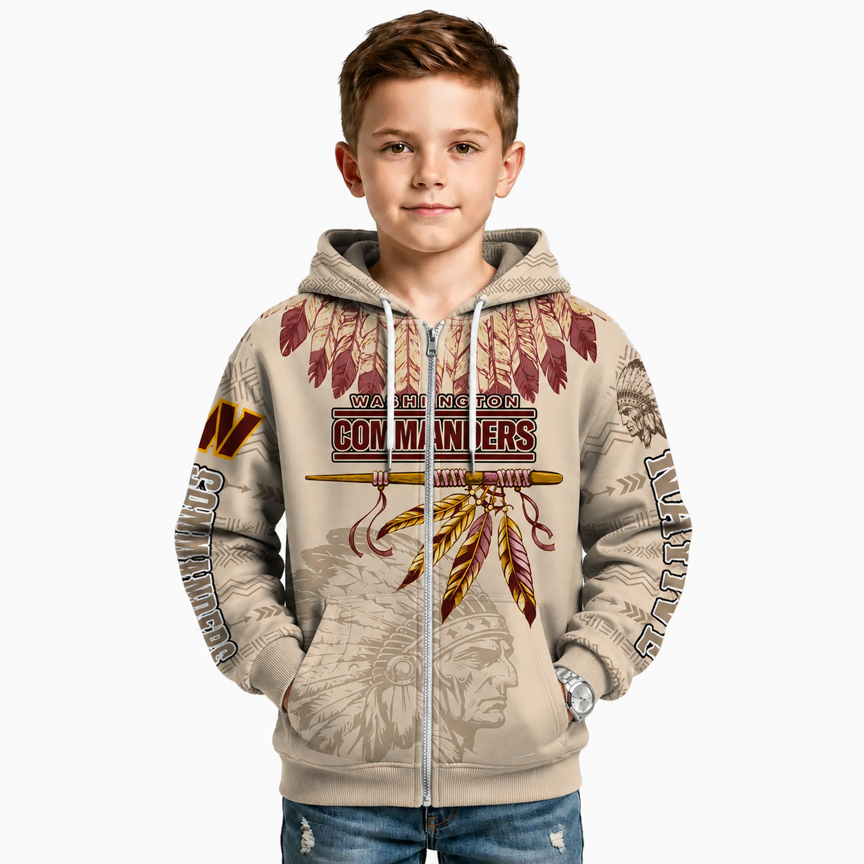 Personalized Commanders Football Native American Heritage Zipper Hoodie For Kids