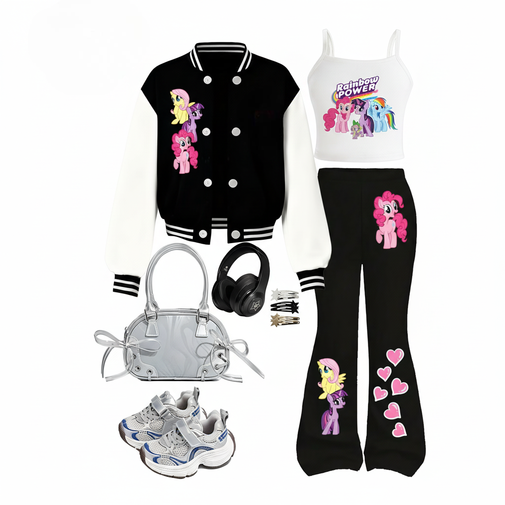 3 Set Of Character Print Baseball Jacket and Flared Pants 