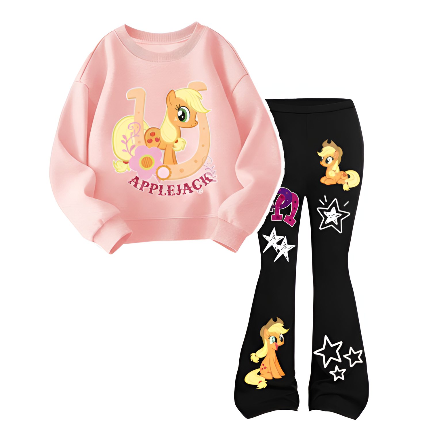 Applejack Graphic Themed Sweatshirt And Flared Pants Set For Girls