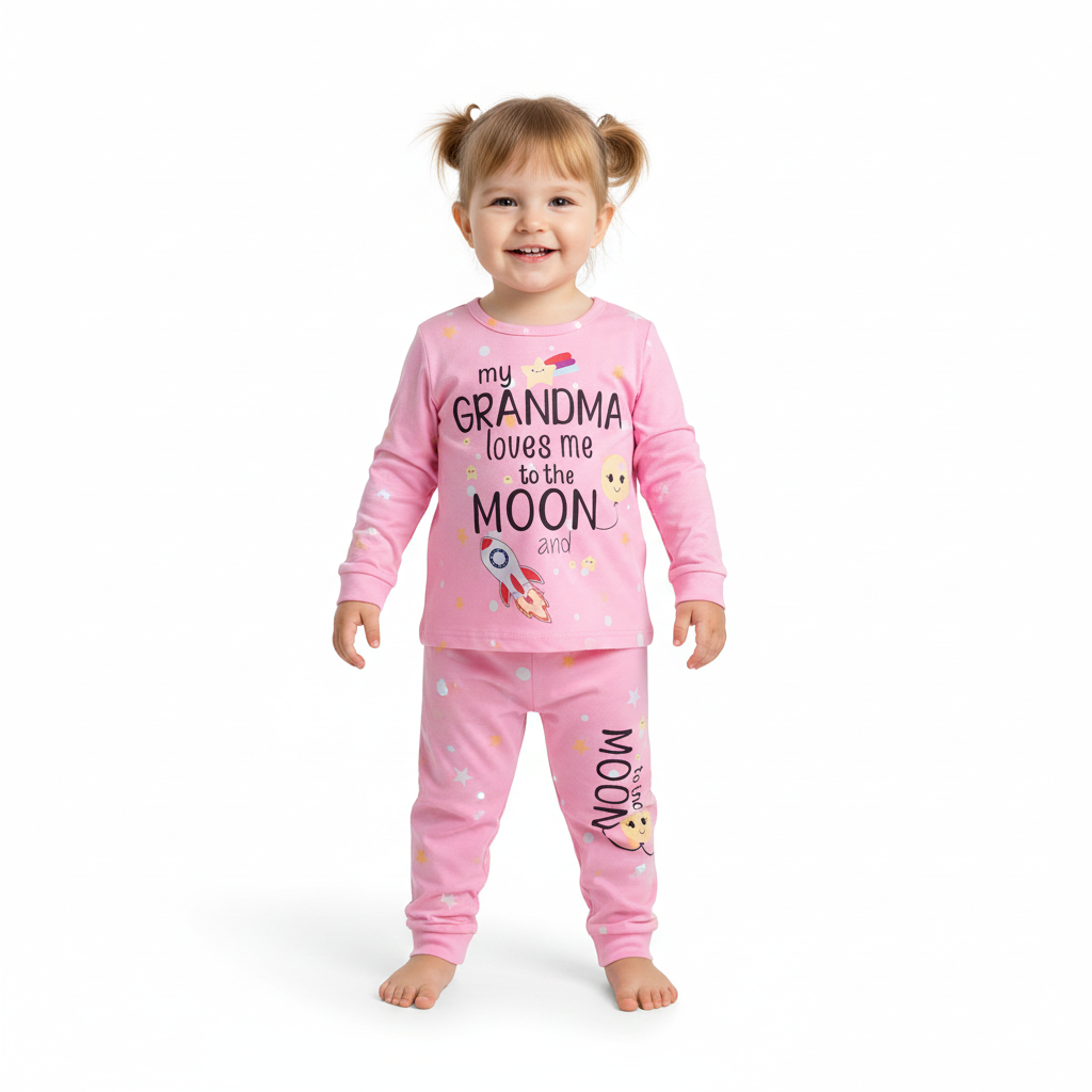Moon Rocket Print Pajama Set For Girls