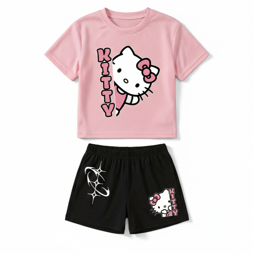 Hello Kitty Print Mesh T Shirt And Shorts 2 Piece Outfit Set For Girls