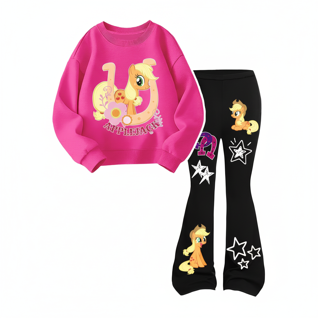 Applejack Graphic Themed Sweatshirt And Flared Pants Set For Girls