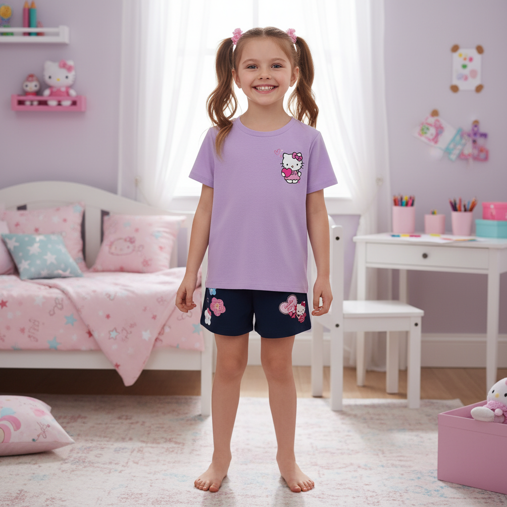 Hello Kitty Double Sided Print T Shirt And Shorts Set For Girls