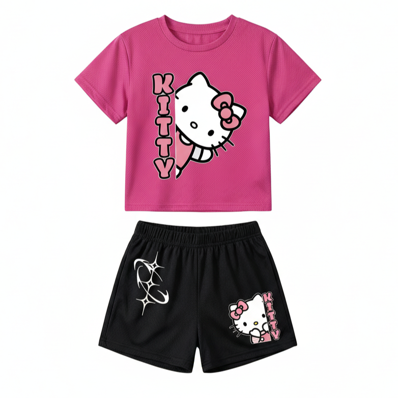 Hello Kitty Print Mesh T Shirt And Shorts 2 Piece Outfit Set For Girls