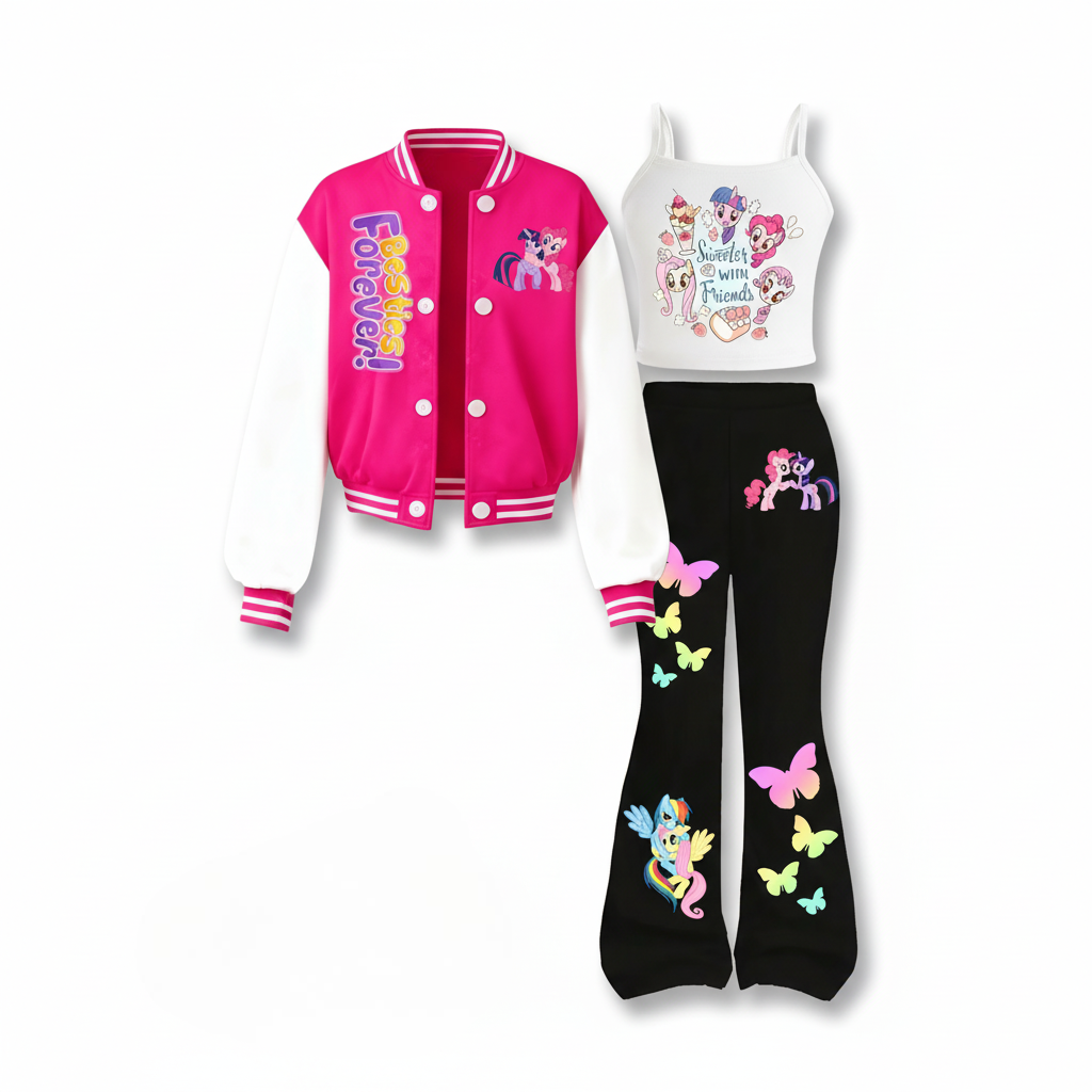 3pcs Girls Baseball Vest And Flared Pants Fun Print Set