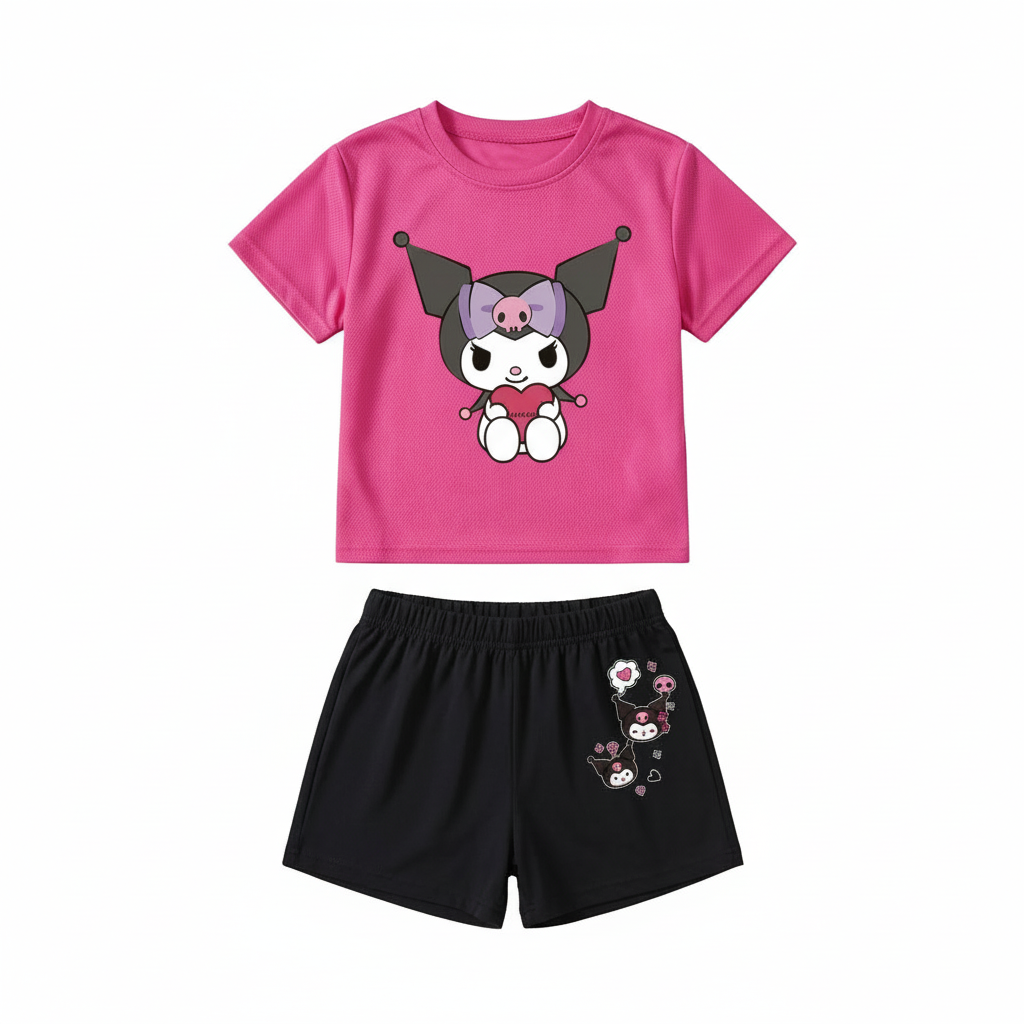 Kuromi Graphic Themed Mesh T Shirt And Shorts Set For Girls