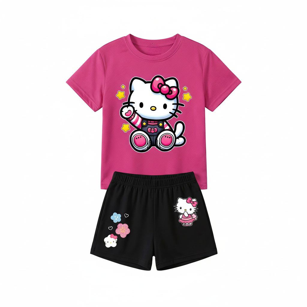 Hello Kitty Cartoon Print T Shirt And Shorts Outfit Set For Girls