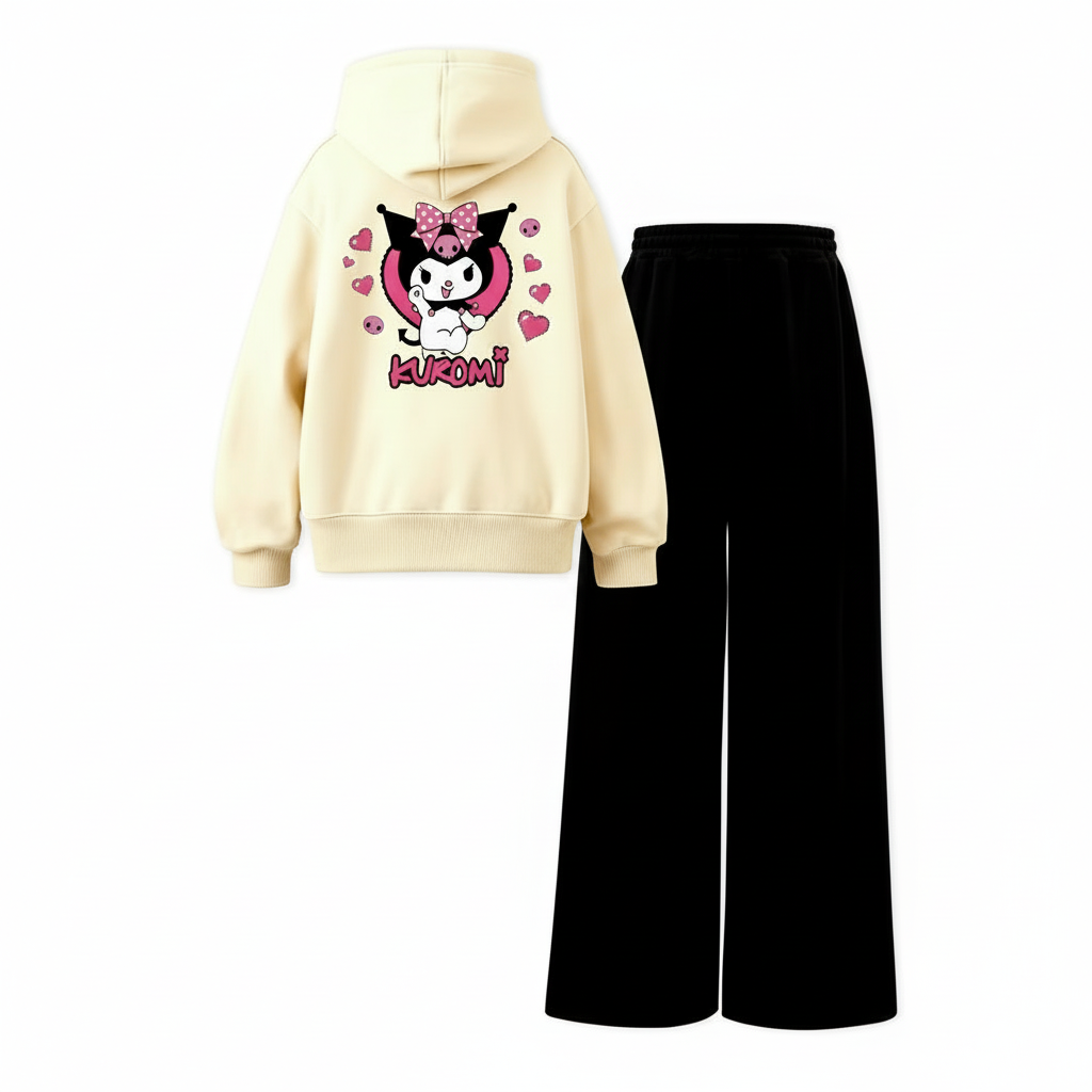 Kuromi Graphic Print Hoodie And Straight Pants Set For Girls