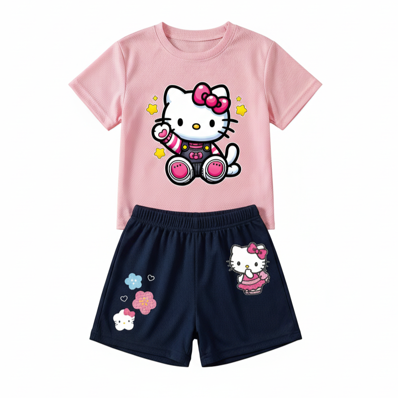 Hello Kitty Cartoon Print T Shirt And Shorts Outfit Set For Girls