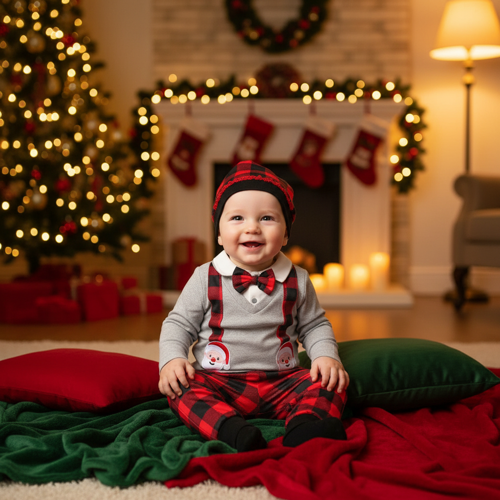 Plaid Long Sleeve Christmas Outfit Set with Suspenders Pants and Matching Hat