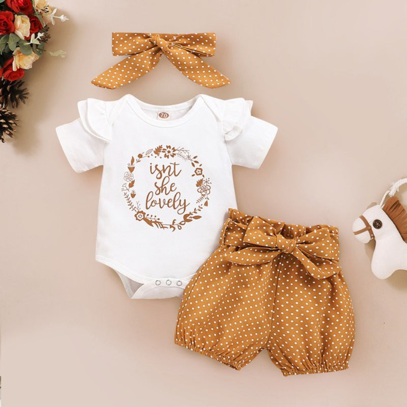 Newborn Baby Girl Short Ruffled Sleeve 3 Pcs Clothes Set