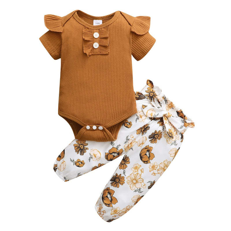 Newborn Baby Girl Short Ruffled Sleeve 3 Pcs Floral Pants Set-Children Cloth Shop