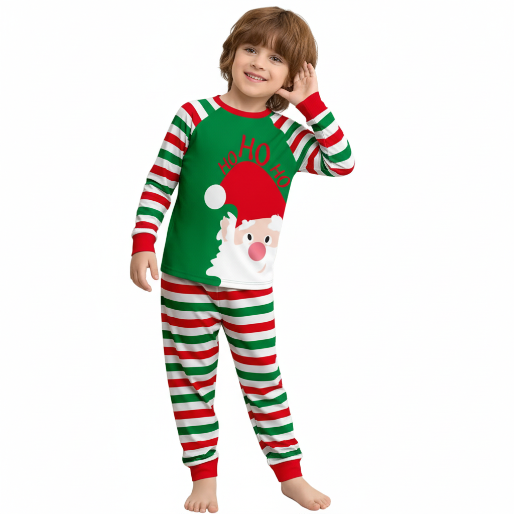 Flame Retardant Santa Striped Christmas Pajamas Set For Boys And Girls