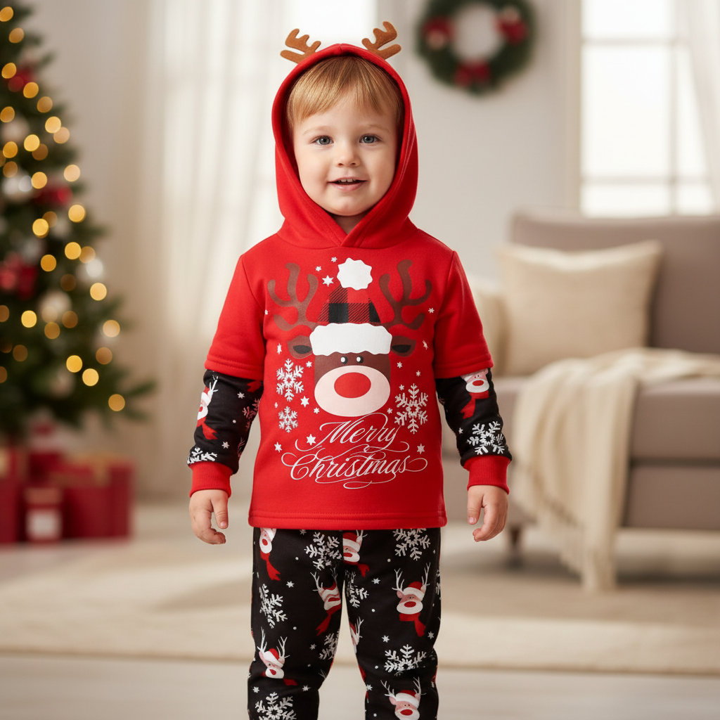 Merry Christmas Reindeer Hoodie and Pants Set for Kids