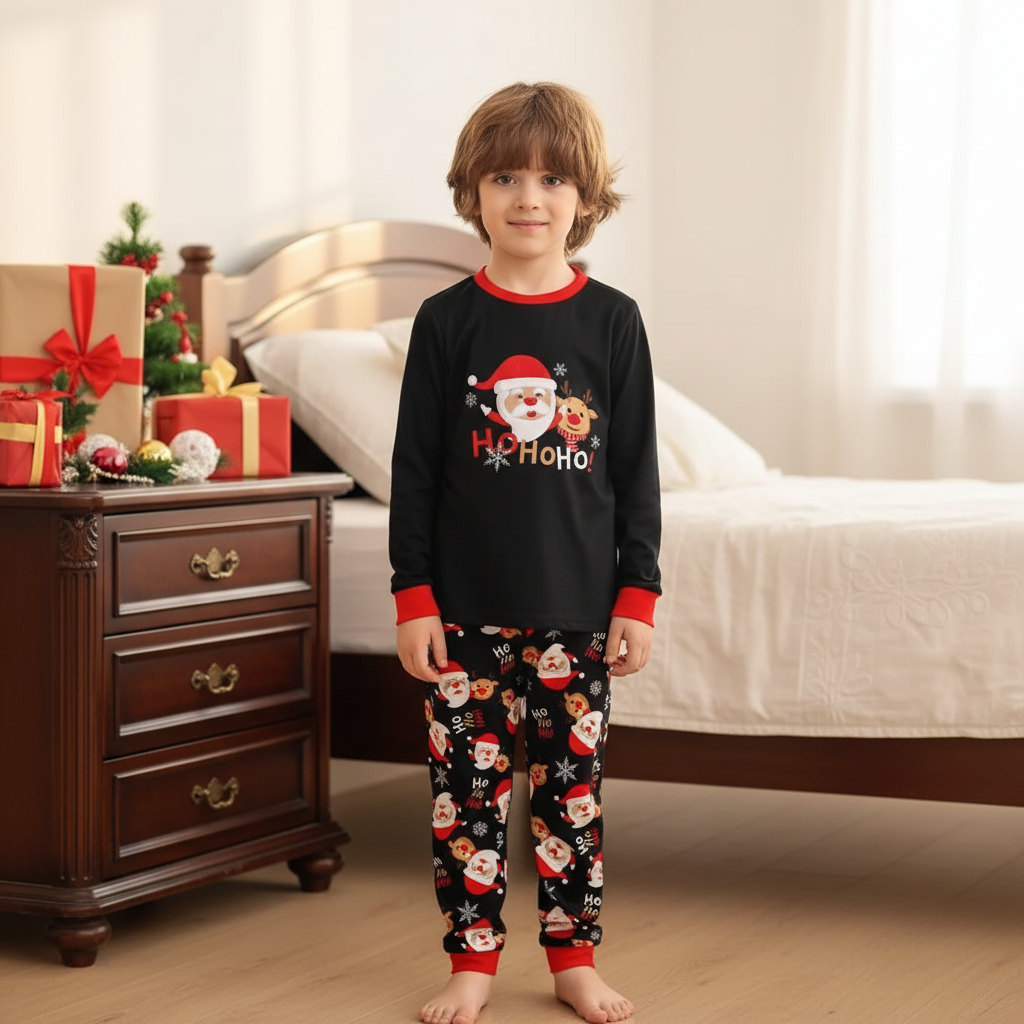 Cartoon Reindeer Print Matching Set for Kids Sleepwear with Flame Retardant Fabric