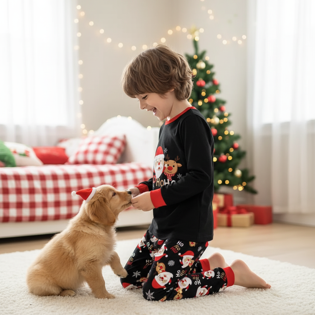 Cartoon Reindeer Print Matching Set for Kids Sleepwear with Flame Retardant Fabric