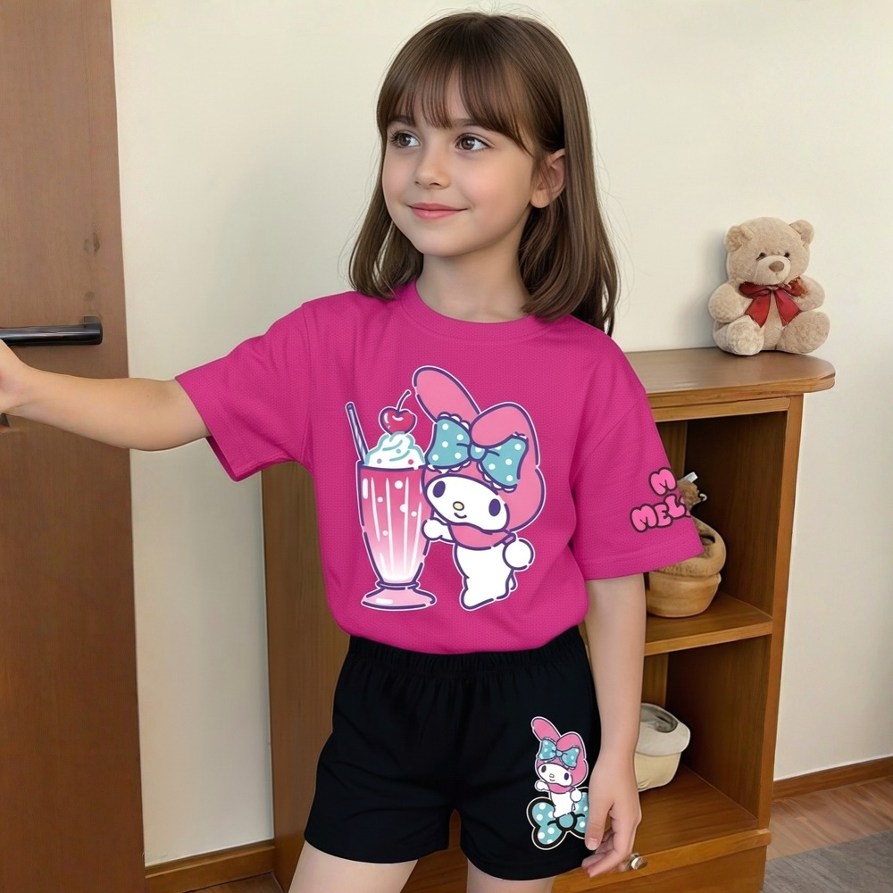Bunny Drink Print T Shirt And Shorts Outfit Set For Girls