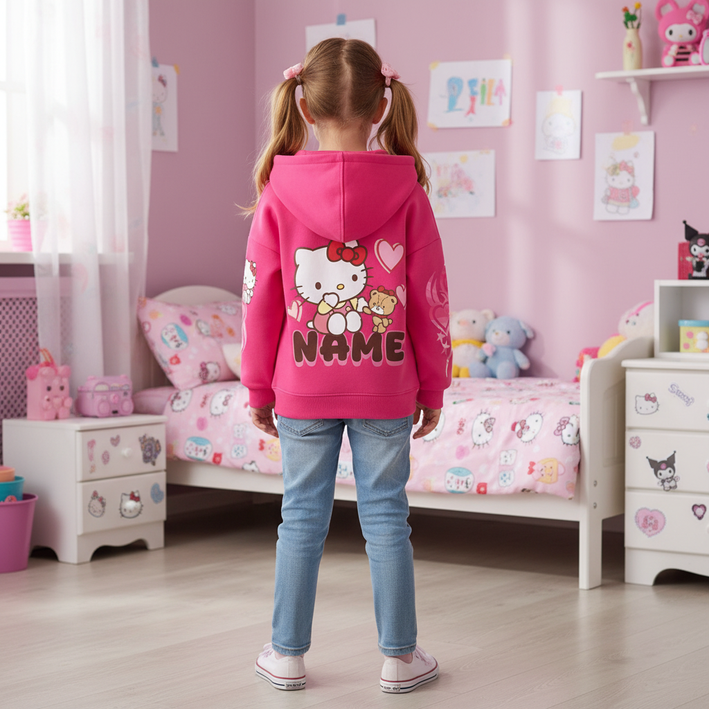 Hello Kitty Themed Hoodie With Zip Up Details For Girls