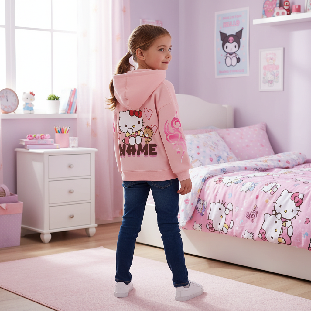 Hello Kitty Themed Hoodie With Zip Up Details For Girls