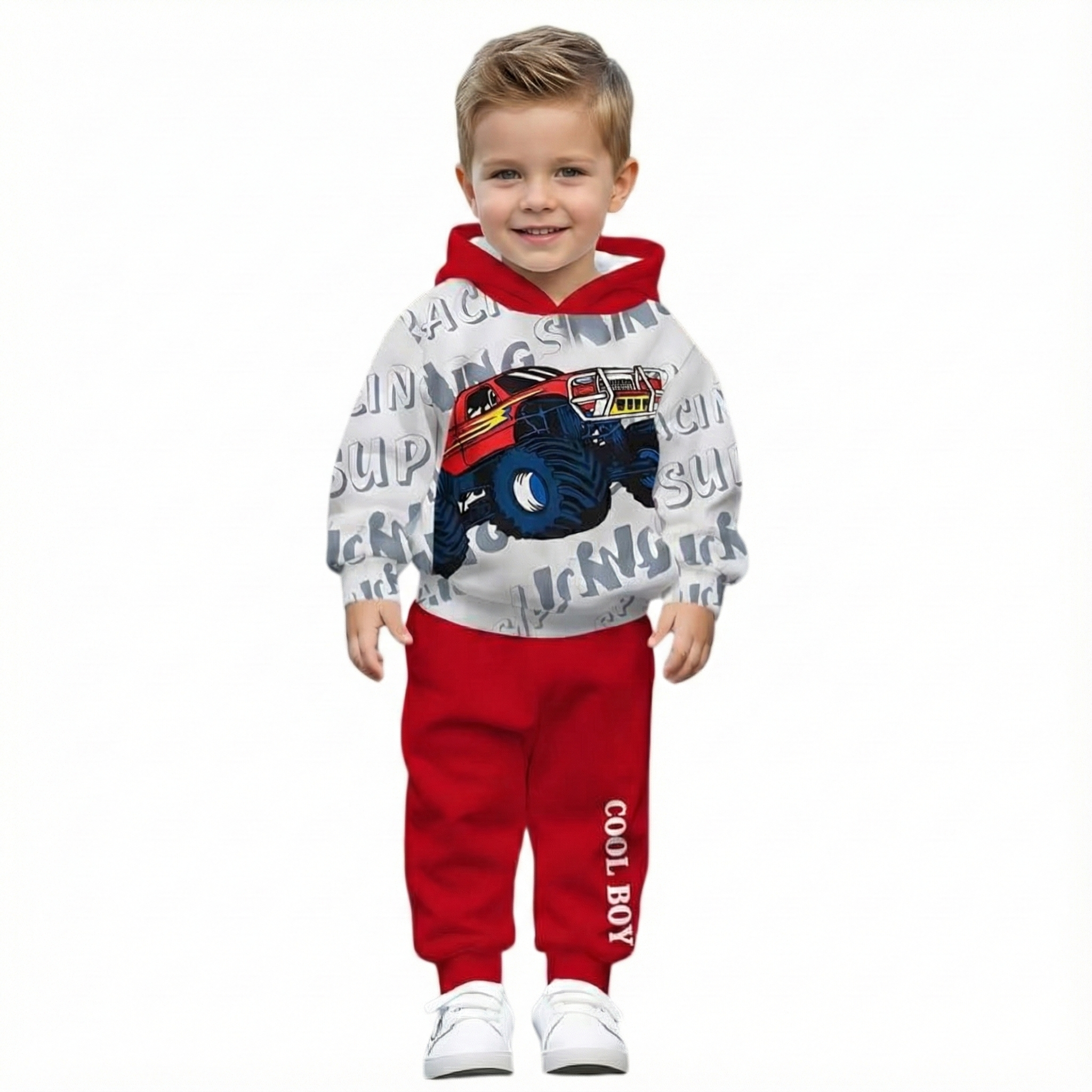 Car Letter Print Outfit Set For Spring And Autumn For Boys