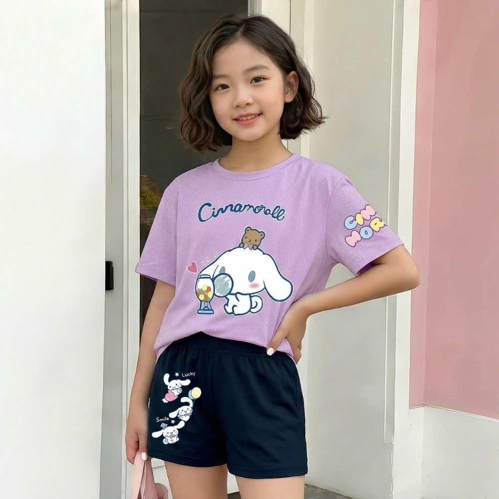 Cartoon Character Print T Shirt And Shorts Set For Girls