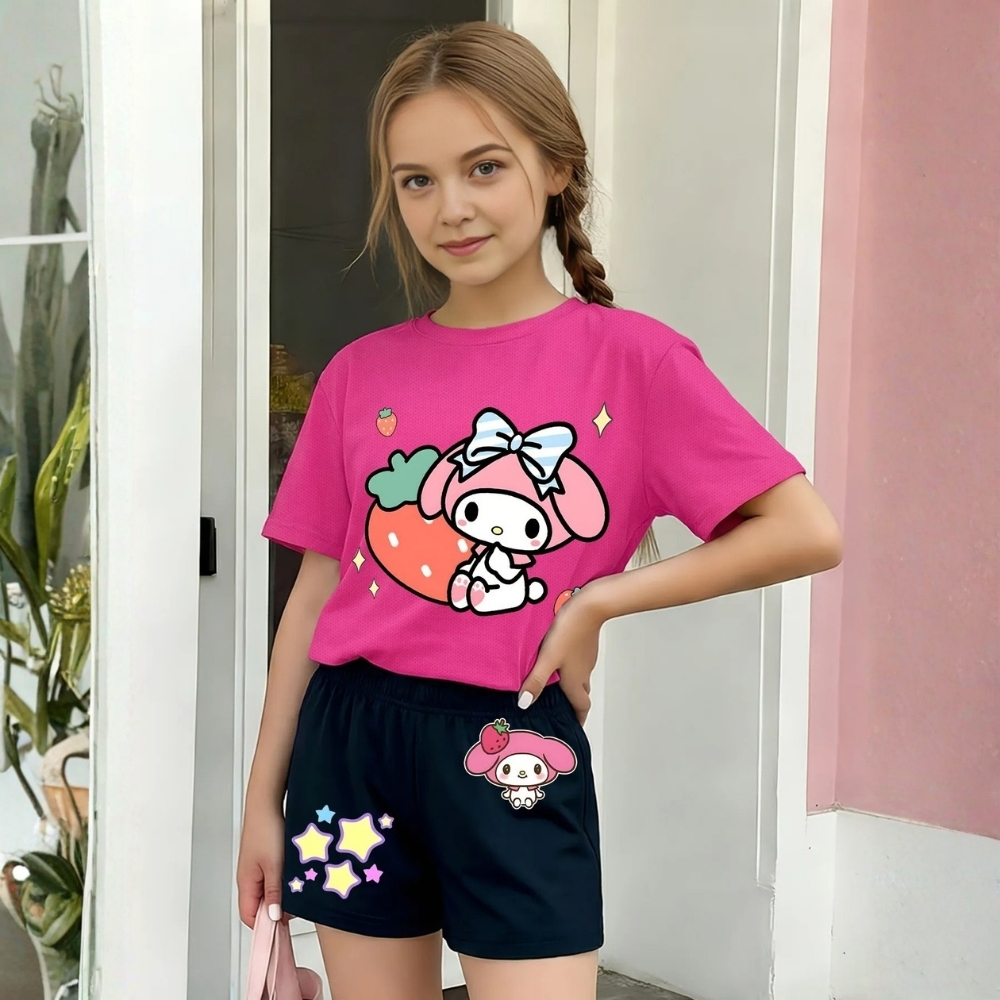 Cartoon Graphic Print Mesh T Shirt And Shorts Outfit Set For Girls