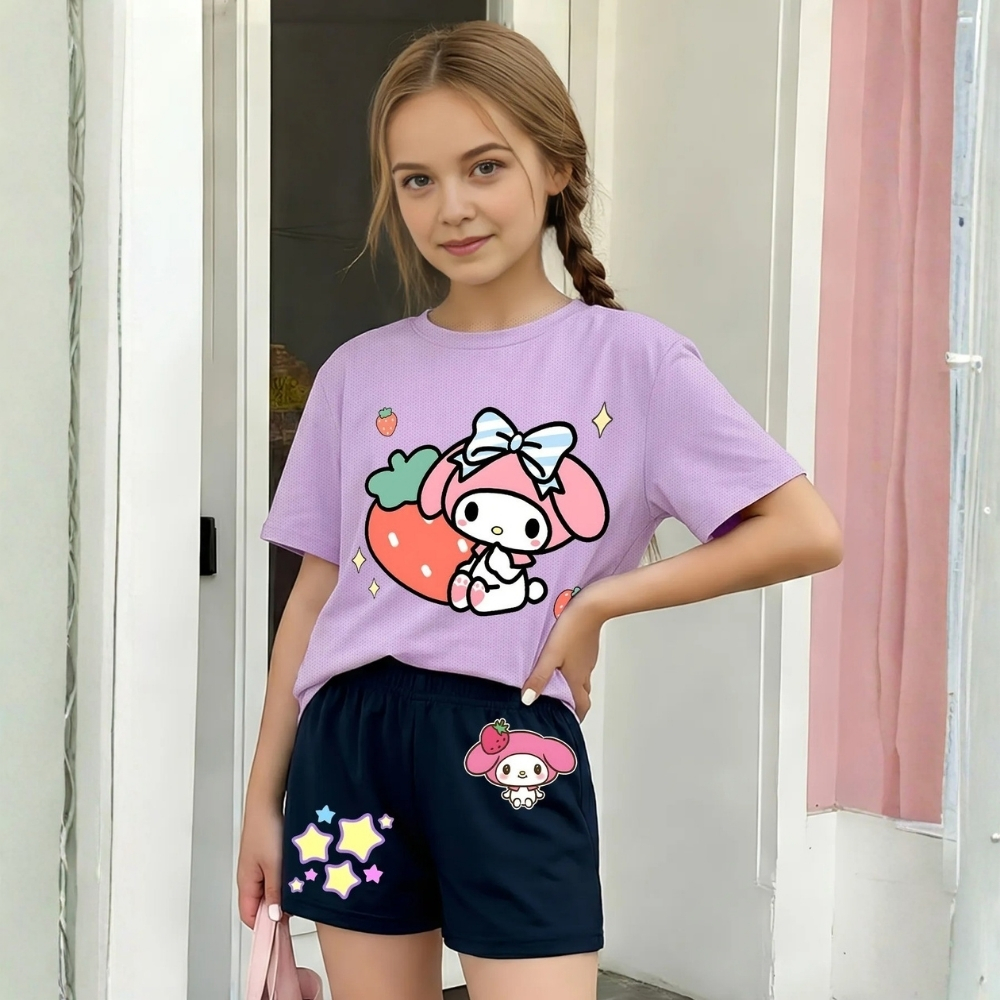 Cartoon Graphic Print Mesh T Shirt And Shorts Outfit Set For Girls