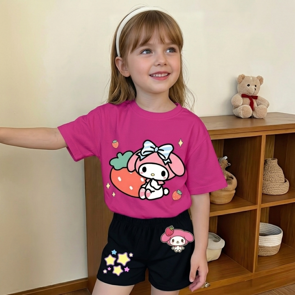 Cartoon Graphic Print Mesh T Shirt And Shorts Outfit Set For Girls