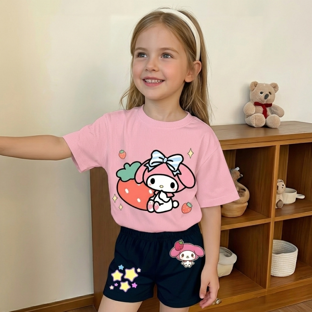 Cartoon Graphic Print Mesh T Shirt And Shorts Outfit Set For Girls