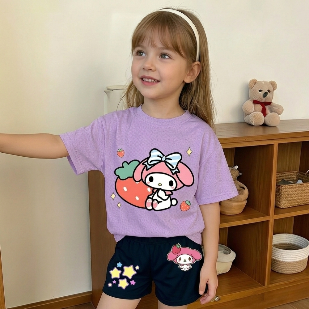 Cartoon Graphic Print Mesh T Shirt And Shorts Outfit Set For Girls