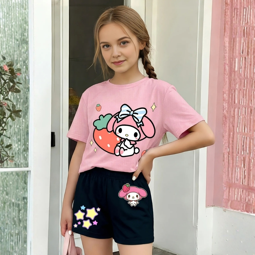 Cartoon Graphic Print Mesh T Shirt And Shorts Outfit Set For Girls