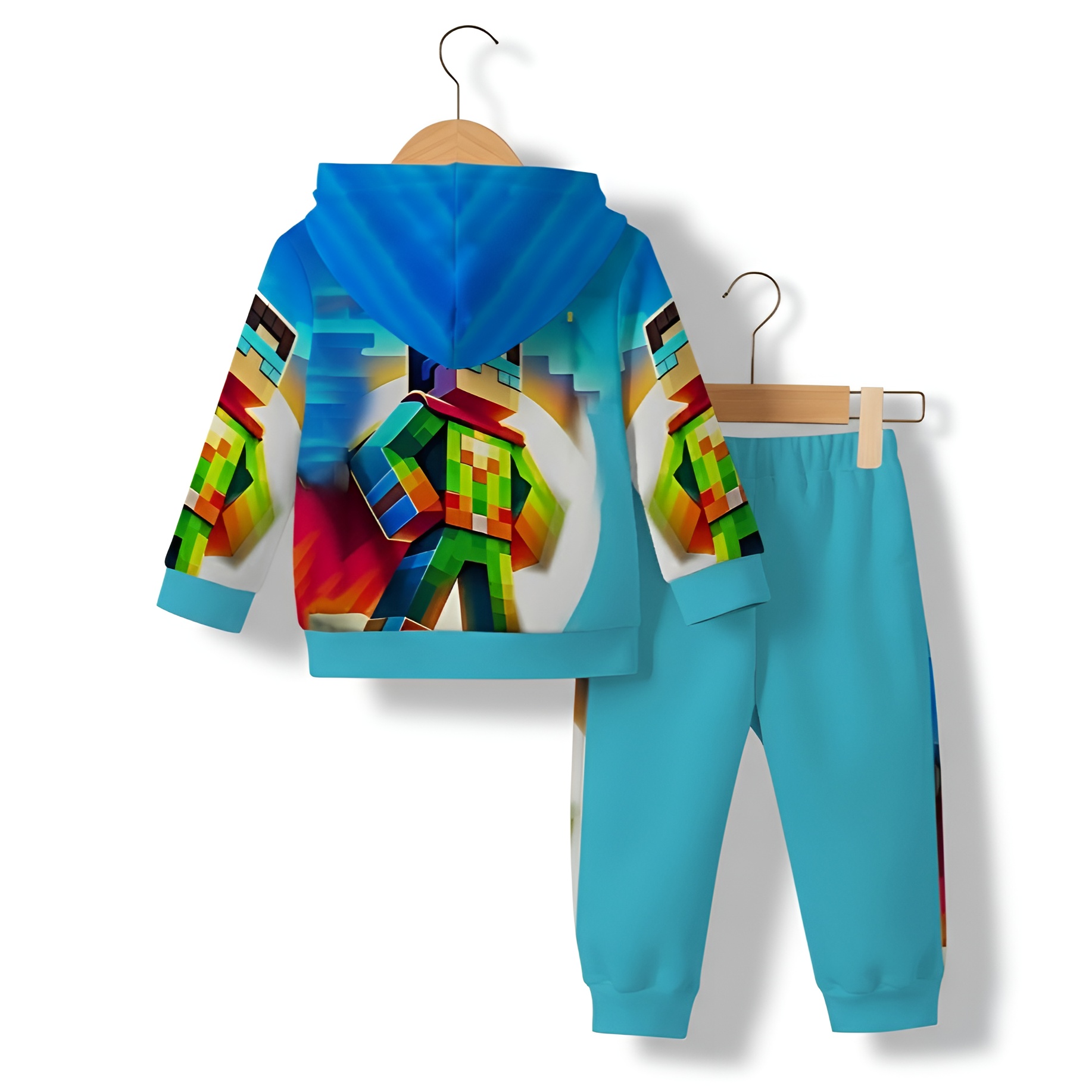 Casual Hooded Sweatshirt And Pants Set With Block Based Game Print For Baby Boy