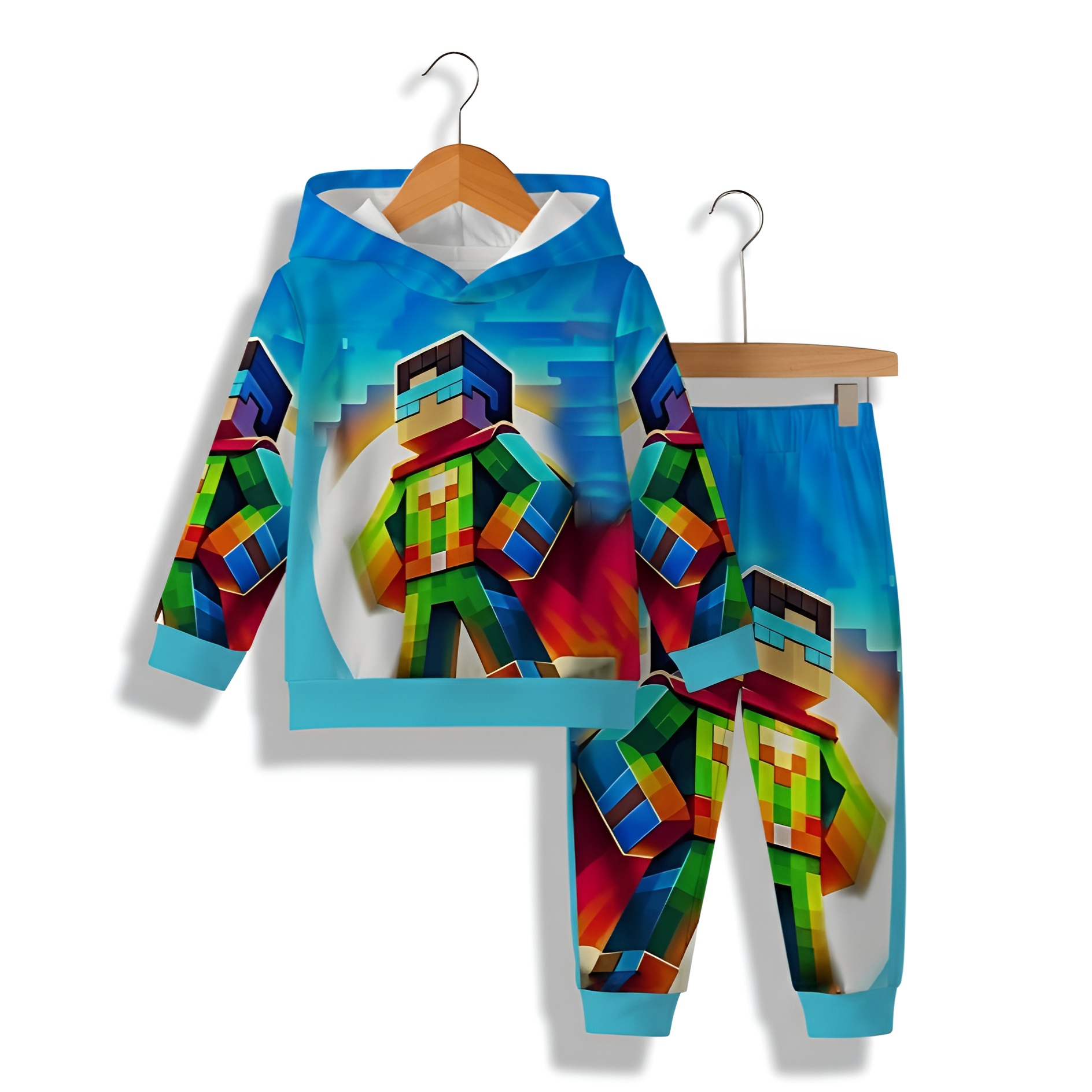 Casual Hooded Sweatshirt And Pants Set With Block Based Game Print For Baby Boy