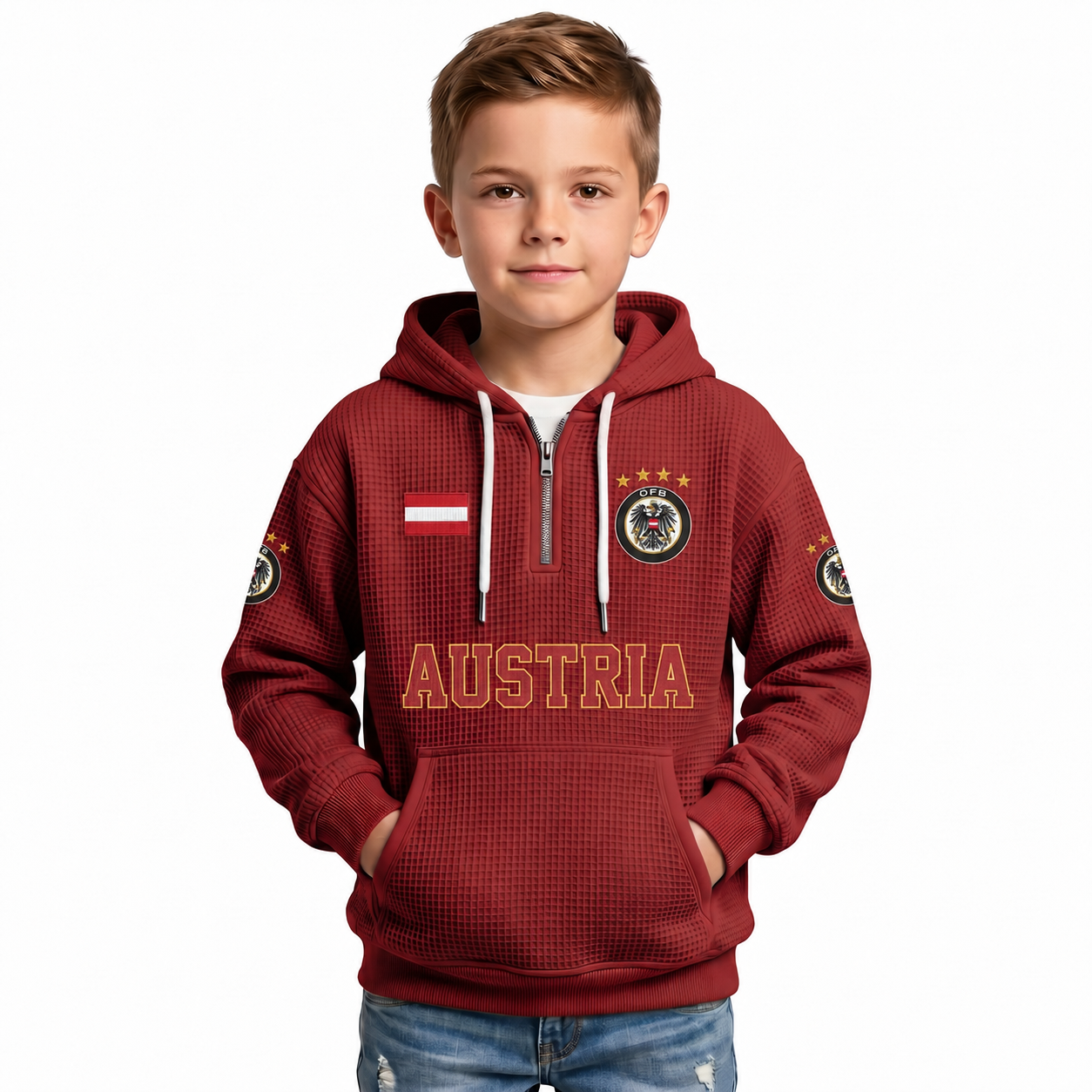 Austria Printed Waffle Quarter Zip Football Fan Hoodie For Kids
